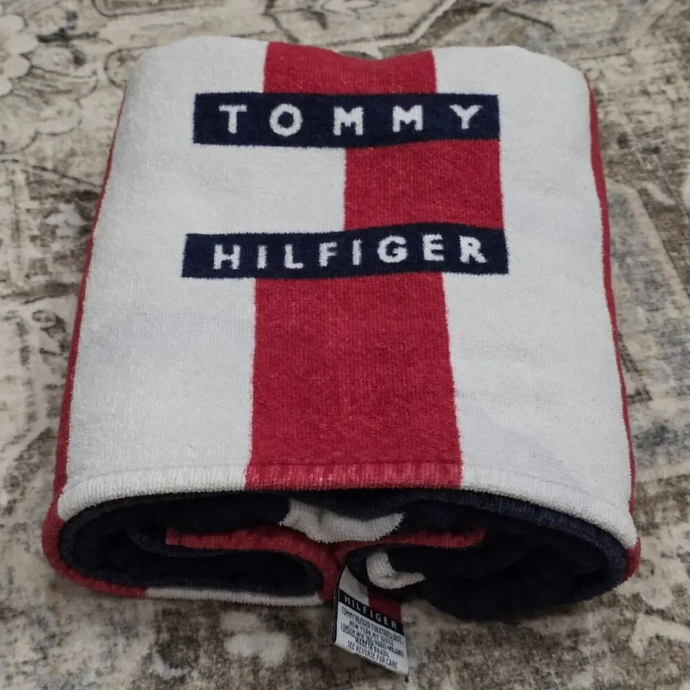 Vintage Tommy Hilfiger American Flag Beach Towel 90s Stars Stripes Cotton